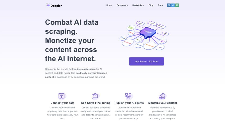 Monétiser Votre Contenu avec des Agents IA et Dappier

Monétiser votre contenu est devenu plus facile et plus efficace grâce à l'utilisation d'agents d'intelligence artificielle (IA) et de plateformes comme Dappier. Ces technologies innovantes vous permettent de tirer le meilleur parti de vos créations numériques, en optimisant la manière dont elles génèrent de la valeur et des revenus.

Les agents IA sont conçus pour comprendre et interagir avec votre contenu de manière intelligente. Ils peuvent analyser les tendances, les préférences des utilisateurs et les opportunités de marché pour vous aider à cibler vos efforts de monétisation de manière plus précise. Que vous créiez des articles, des vidéos, des podcasts ou toute autre forme de contenu, ces agents peuvent vous guider pour maximiser votre potentiel de revenus.

Dappier, en tant que plateforme de monétisation, offre un environnement sécurisé et transparent pour que les créateurs de contenu puissent interagir avec leurs publics et les partenaires commerciaux. Avec des fonctionnalités telles que la gestion des revenus, la distribution de récompenses et la facilitation des transactions, Dappier simplifie le processus de monétisation tout en vous offrant un contrôle total sur vos activités commerciales.

En combinant les capacités des agents IA avec les avantages de Dappier, vous pouvez transformer votre contenu en une source de revenus stable et durable. Cette approche vous permet non seulement de gagner de l'argent avec votre travail, mais aussi de bâtir une communauté solide autour de votre marque et de vos créations.

Alors, n'attendez plus pour exploiter le plein potentiel de votre contenu. Adoptez les agents IA et Dappier pour monétiser efficacement et élever votre travail au niveau supérieur.