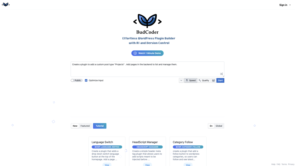 BudCoder🌱 · Построитель плагинов WordPress без усилий с использованием ИИ и контроля версий