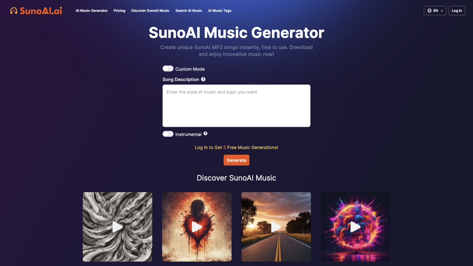 SunoAI.ai：由SunoAI提供的免費音樂生成器