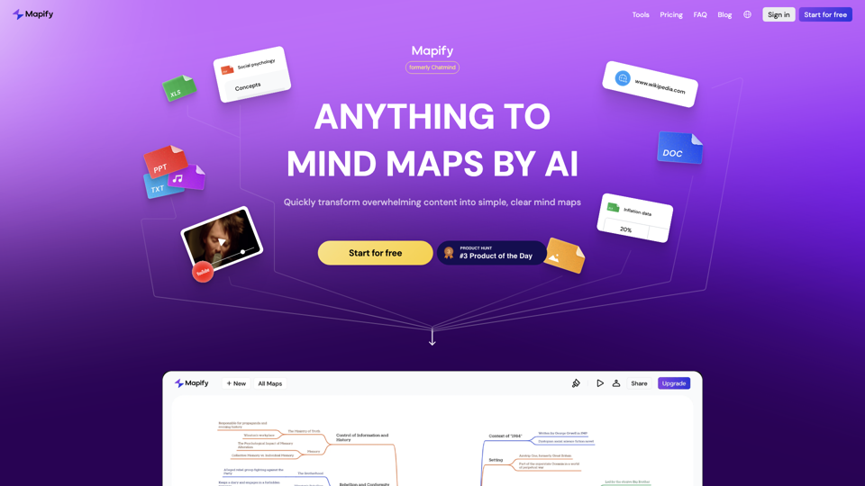 Mapify: Transforme cualquier cosa en mapas mentales con inteligencia artificial, anteriormente conocido como Chatmind.