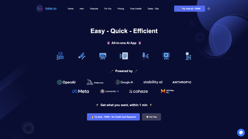1minAI | Free All-in-one AI App for Text, Image, Audio, Video