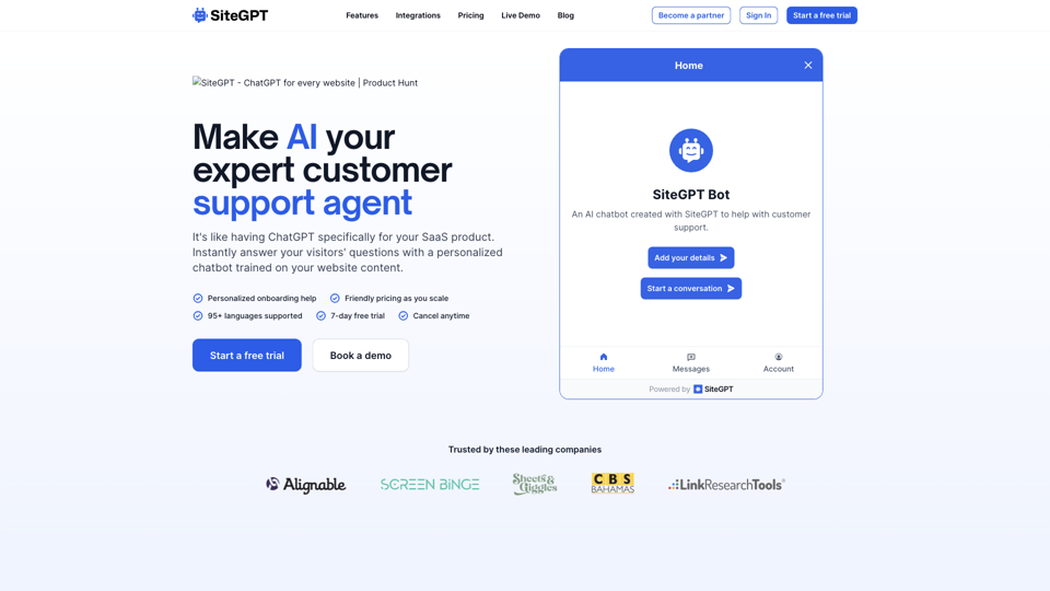 SiteGPT - Make AI your expert customer support agent