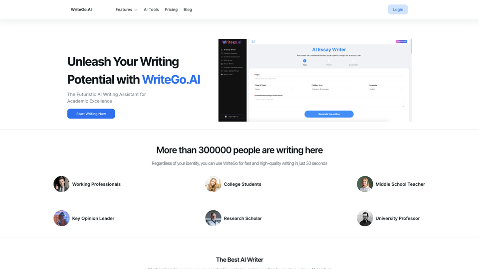 WriteGo.ai - Eleva tu Escritura Académica con Inteligencia Artificial | Redactor de Ensayos y Herramientas de Contenido