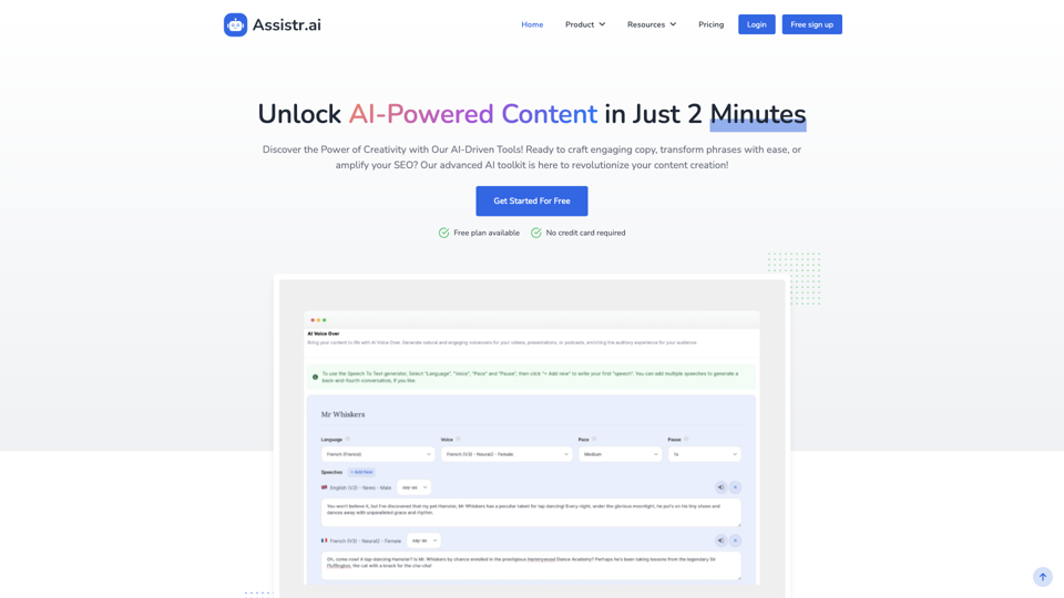 Assistr.ai - Outils puissants gratuits de création de contenu, rédaction publicitaire et paraphrase par intelligence artificielle