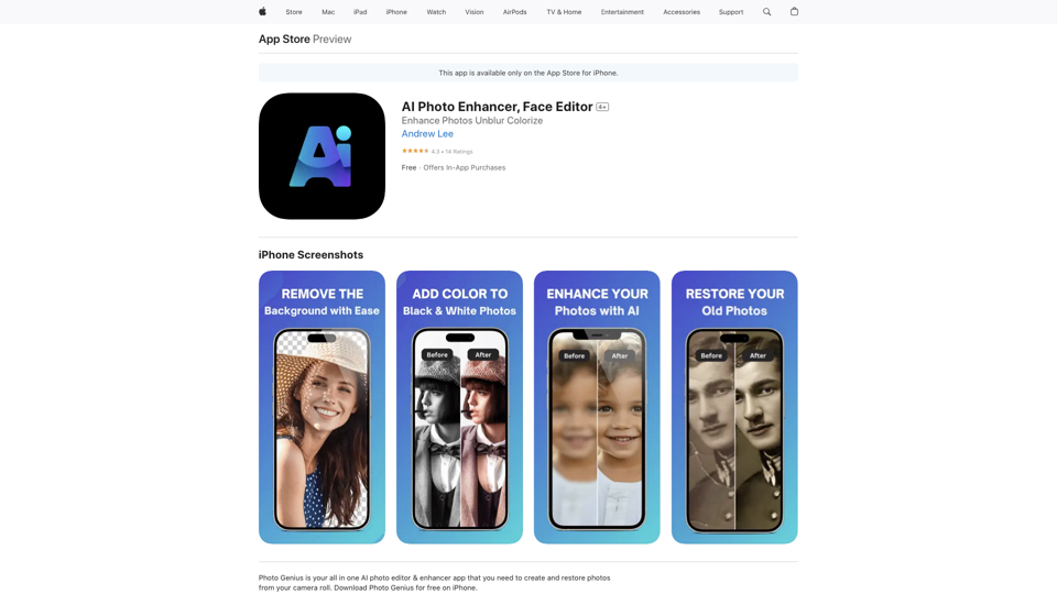 Улучшитель фотографий с ИИ, Редактор лиц в App&nbsp;Store