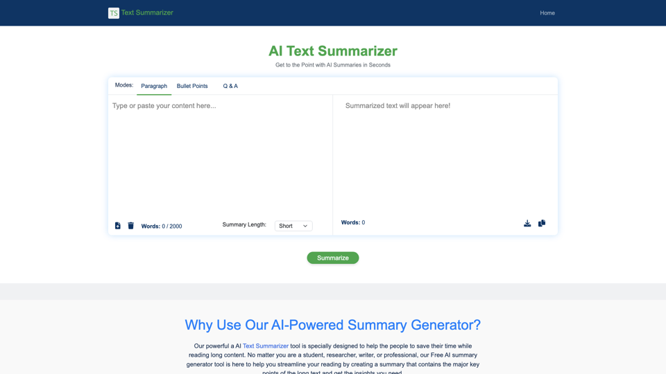 AI Summary Generator Free - Get to the Point with AI Text Summarizer