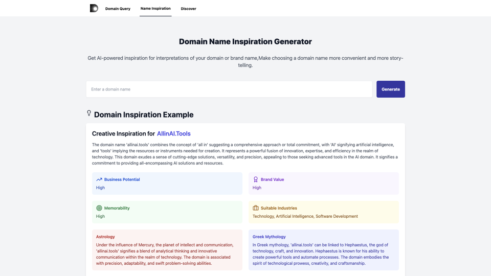 Domain Name Inspiration Generator | Get AI-powered inspiration for interpretations of your domain or brand name | DomainQuery.app