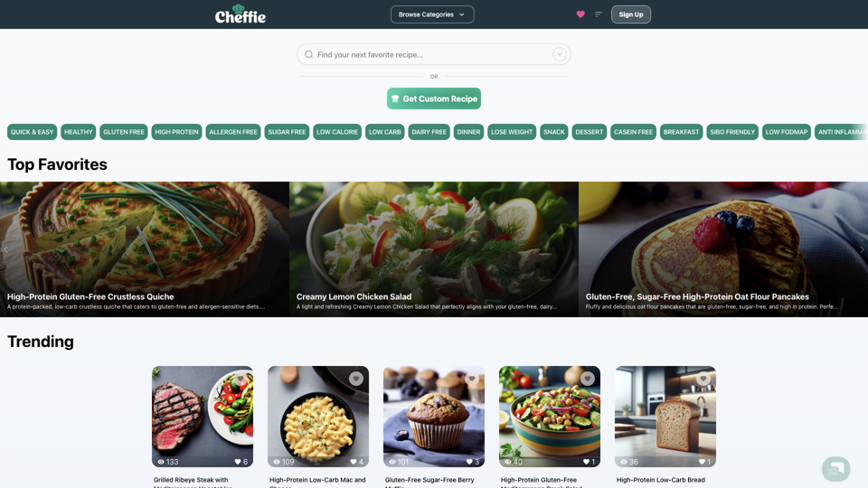 Cheffie | Receitas Gratuitas e Personalizadas. Gerador de Receitas Personalizadas, Planejamento de Refeições, Receitas Saudáveis, Sobremesas Saudáveis | Potenciado por IA e Pesquisa Médica para Nutrição Personalizada