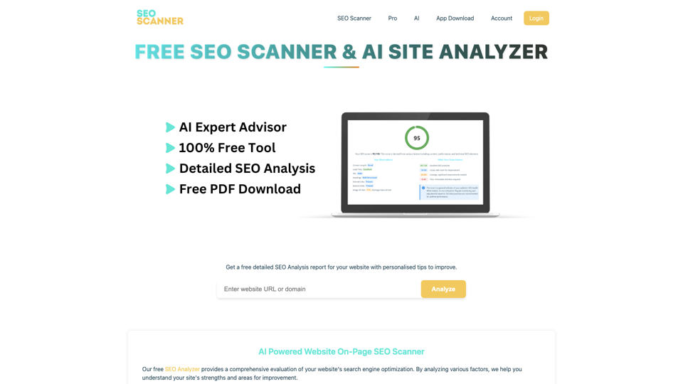 Ferramenta Gratuita de Análise de SEO de Sites | Scanner e analisador de desempenho SEO de sites com tecnologia de IA